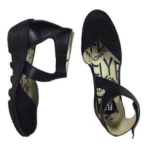 Fly London 39 Women’s US 8-8.5 Black Nubuck Piat Wedge Heels Ankle Strap